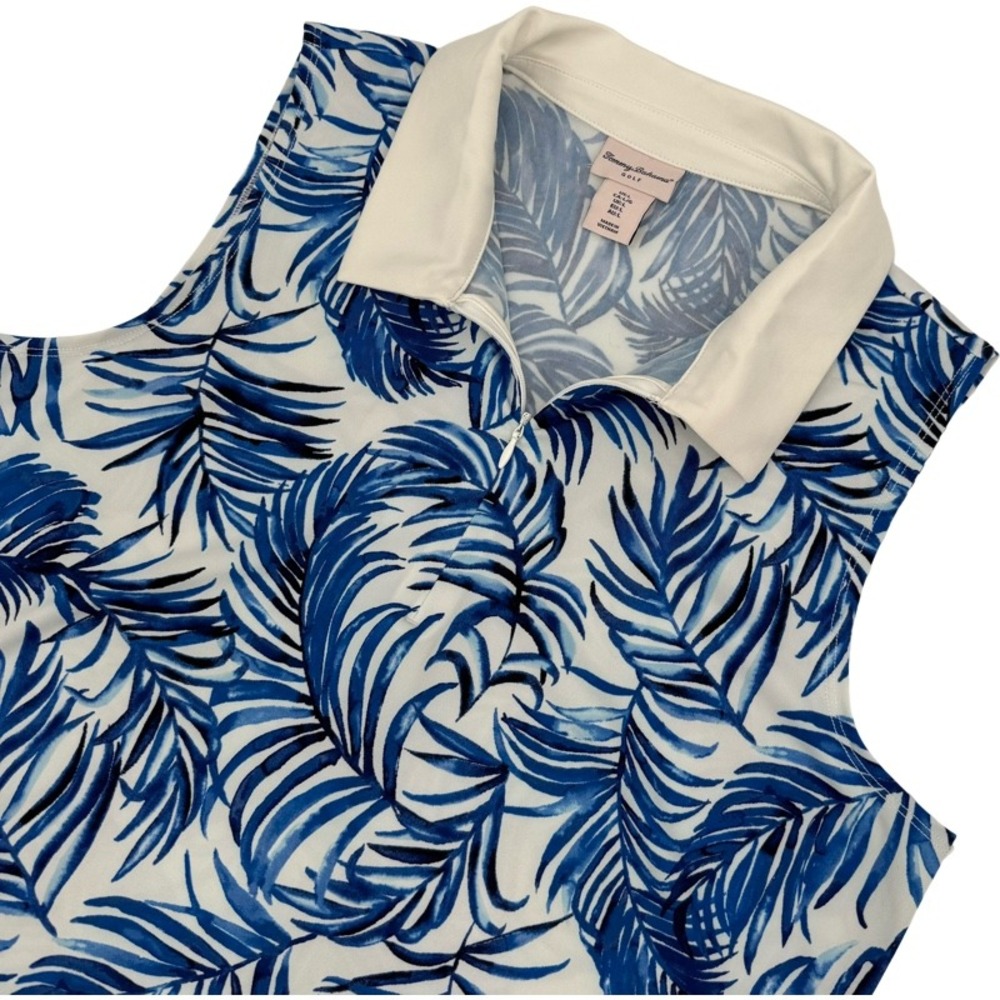 TOMMY BAHAMA Large Golf Tank Top Blue White Palm Leaf Print Quarter Zip Polo